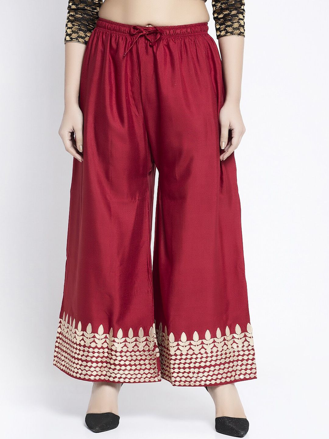 GRACIT Women Maroon & Gold Printed Flared Palazzos Price in India