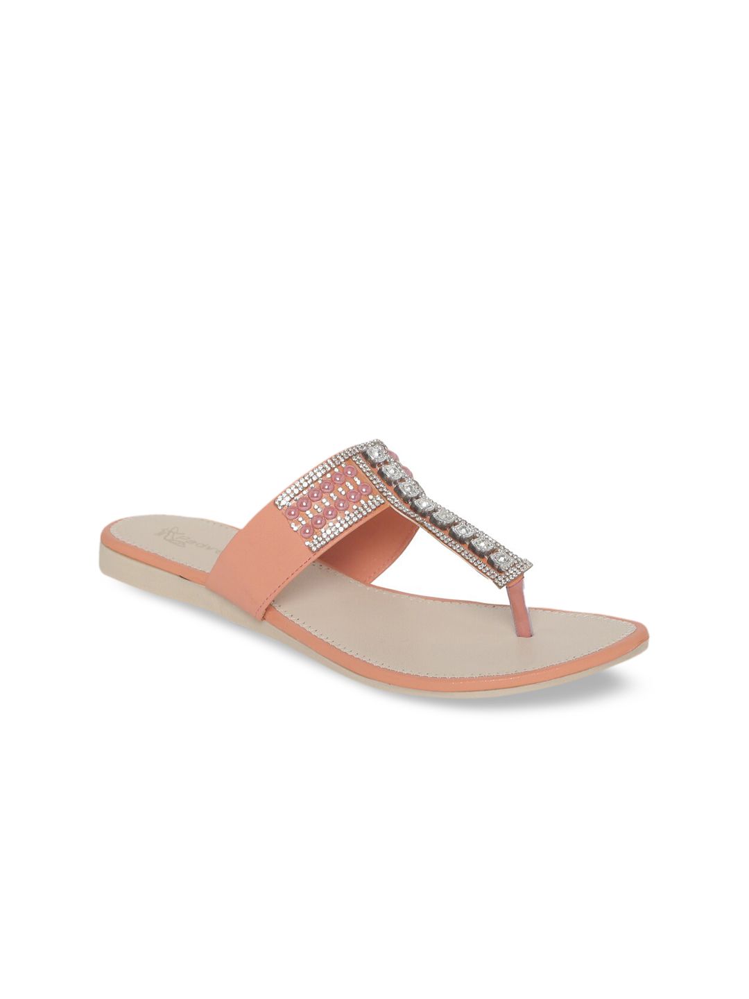 Padvesh Women Peach-Coloured Embellished T-Strap Flats Price in India