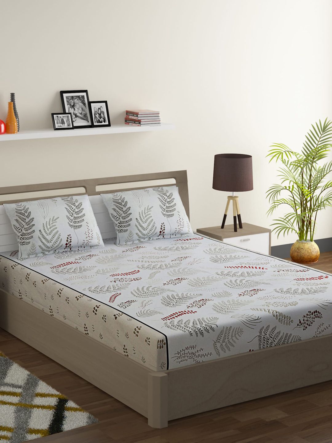 SWAYAM White & Red Floral 144 TC Cotton 1 King Bedsheet with 2 Pillow Covers Price in India