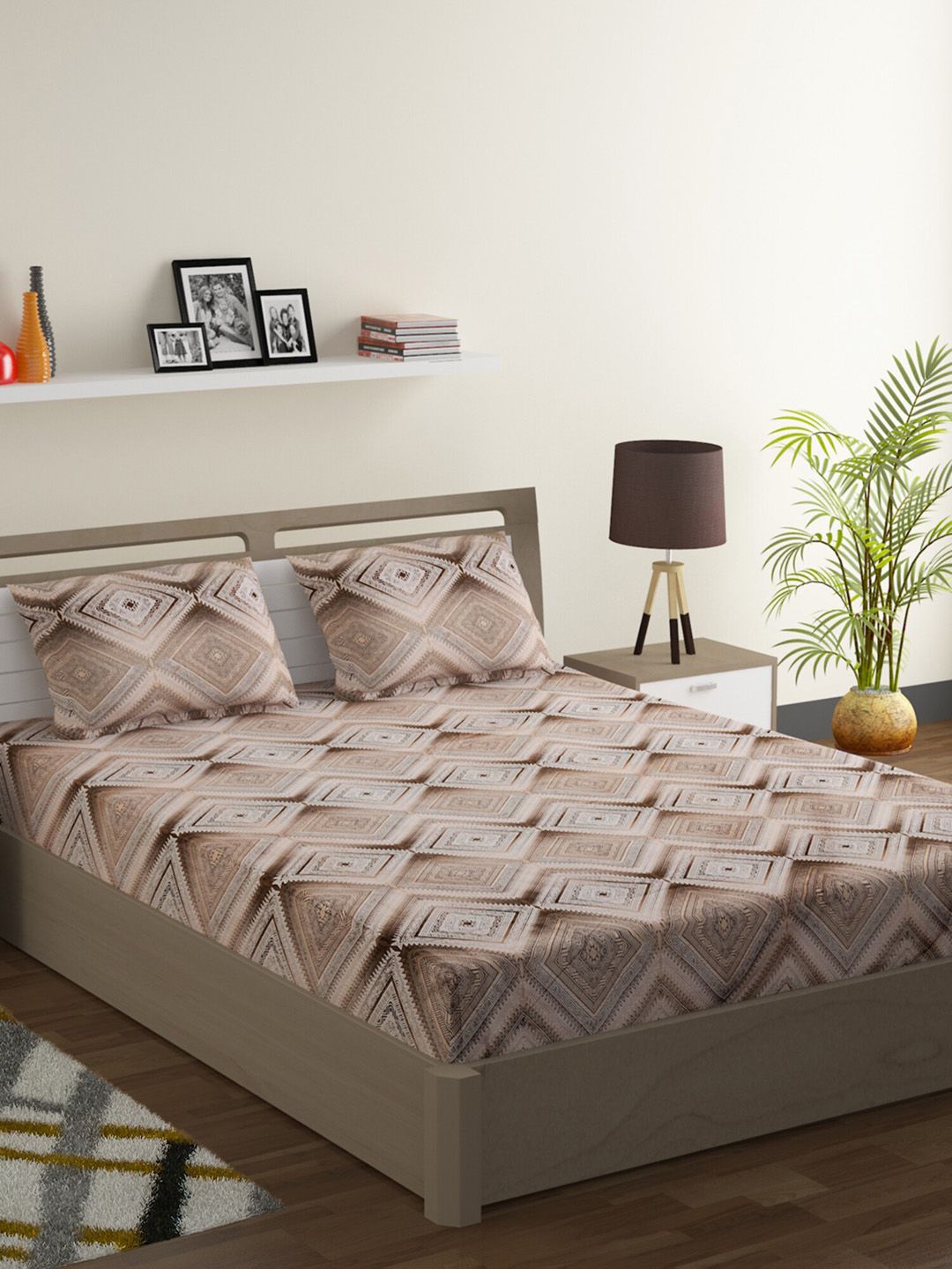 SWAYAM Beige & Brown Geometric 200 TC Cotton 1 King Bedsheet with 2 Pillow Covers Price in India