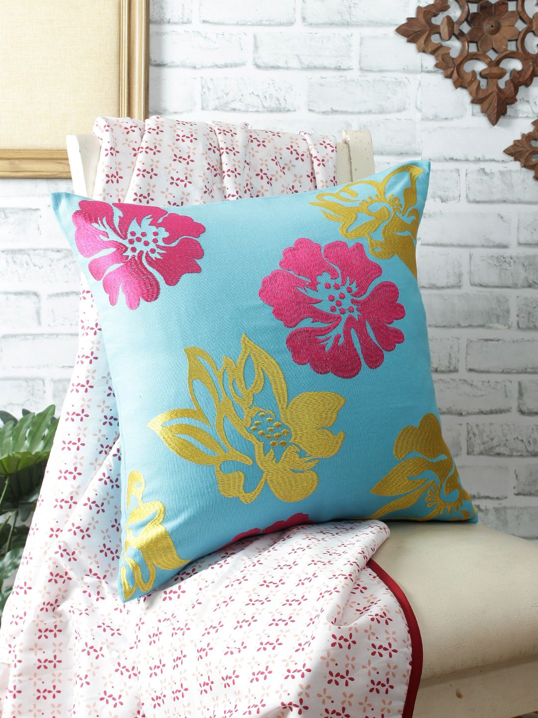 REME Turquoise Blue & Pink Set of Single Embroidered Square Cushion Covers Price in India