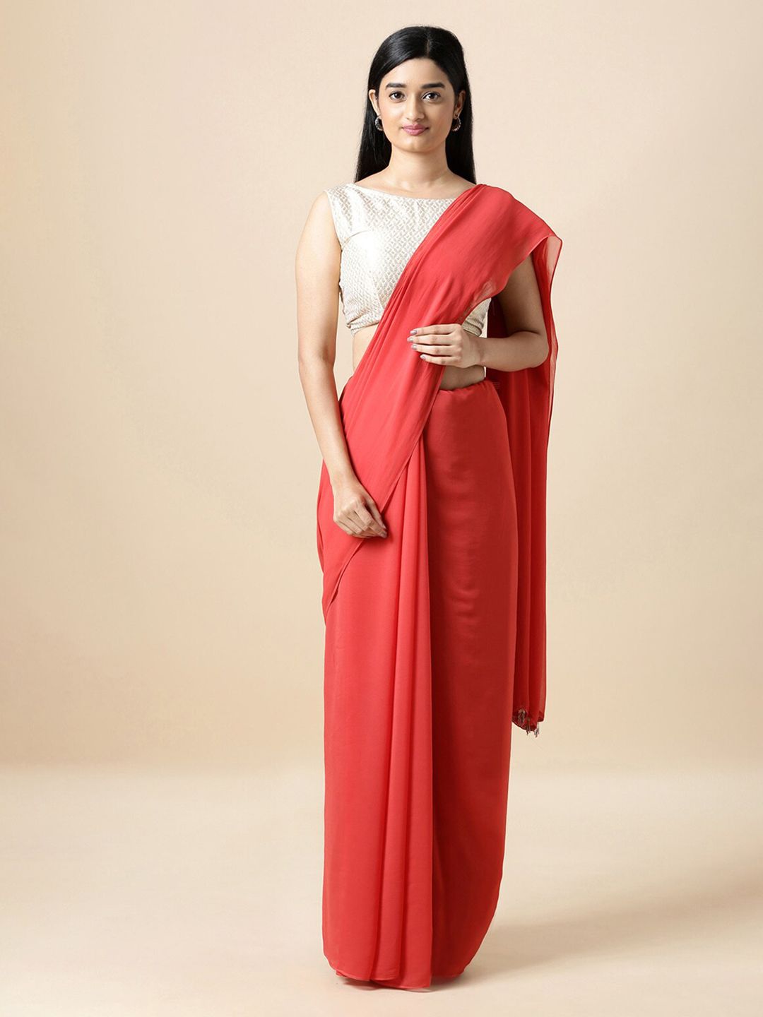 Taneira Red & Off-White Pure Georgette Solid Saree