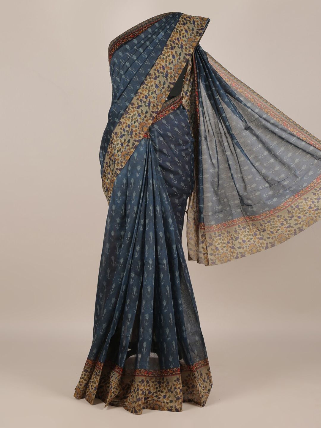 Pothys Blue Floral Printed Jute Silk Saree