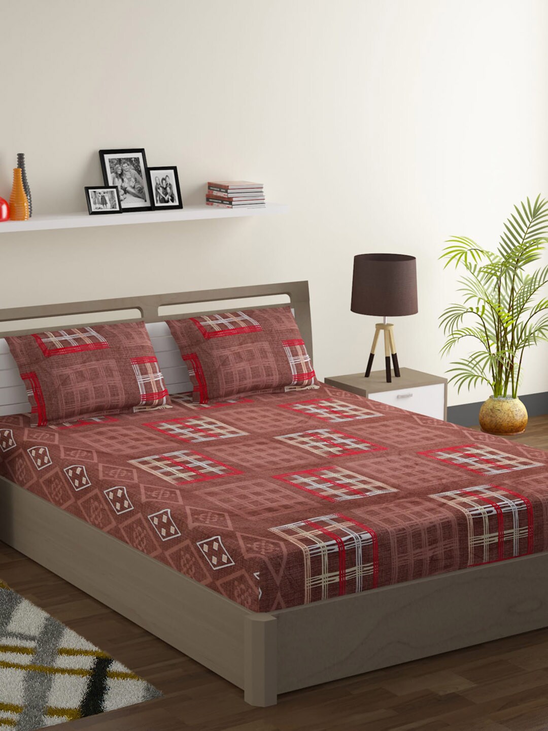 SWAYAM Brown & Red Geometric 144 TC Cotton 1  King Bedsheet with 2 Pillow Covers Price in India