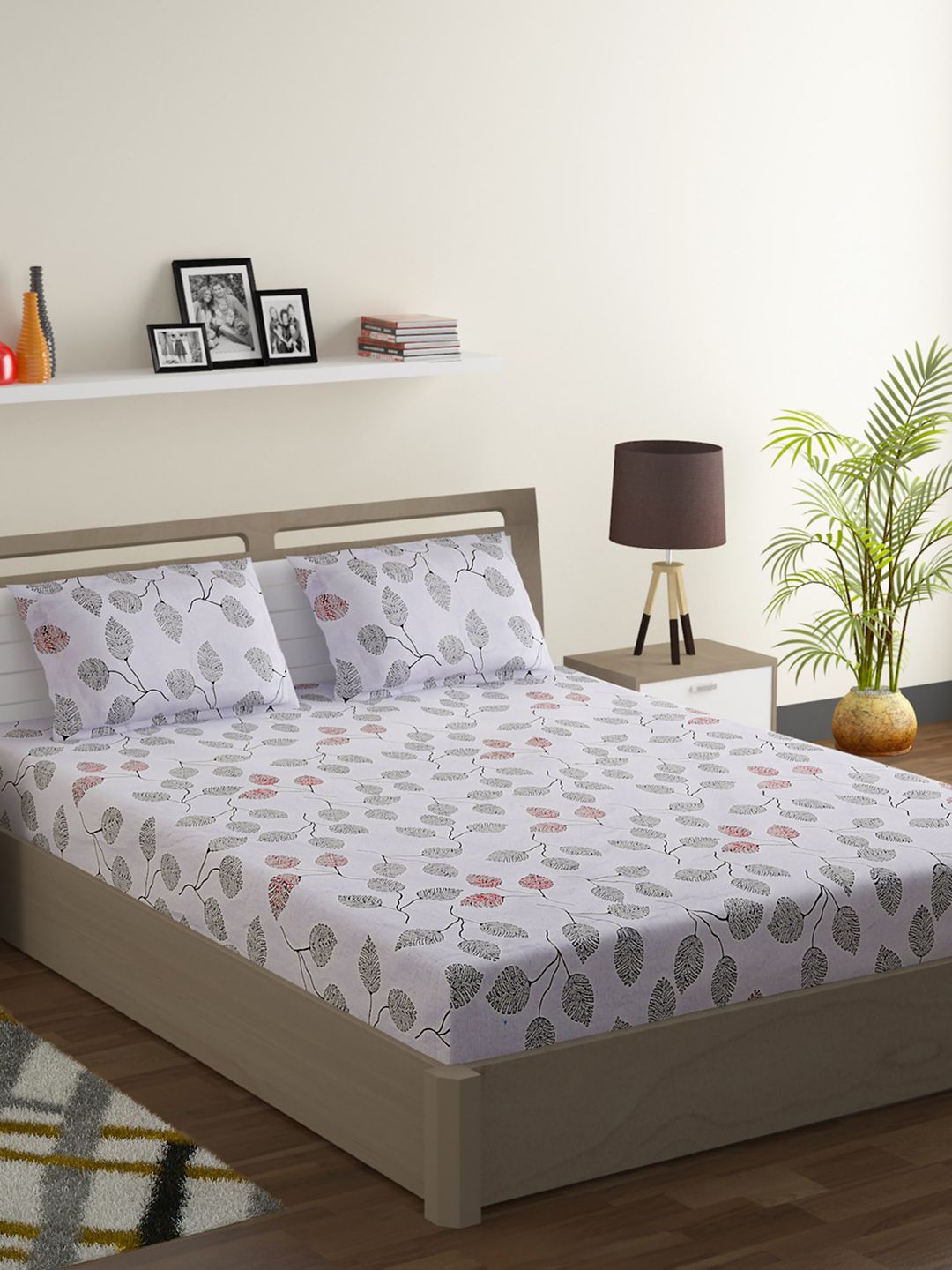 SWAYAM White & Grey Floral 144 TC Cotton 1 Queen Bedsheet with 2 Pillow Covers Price in India