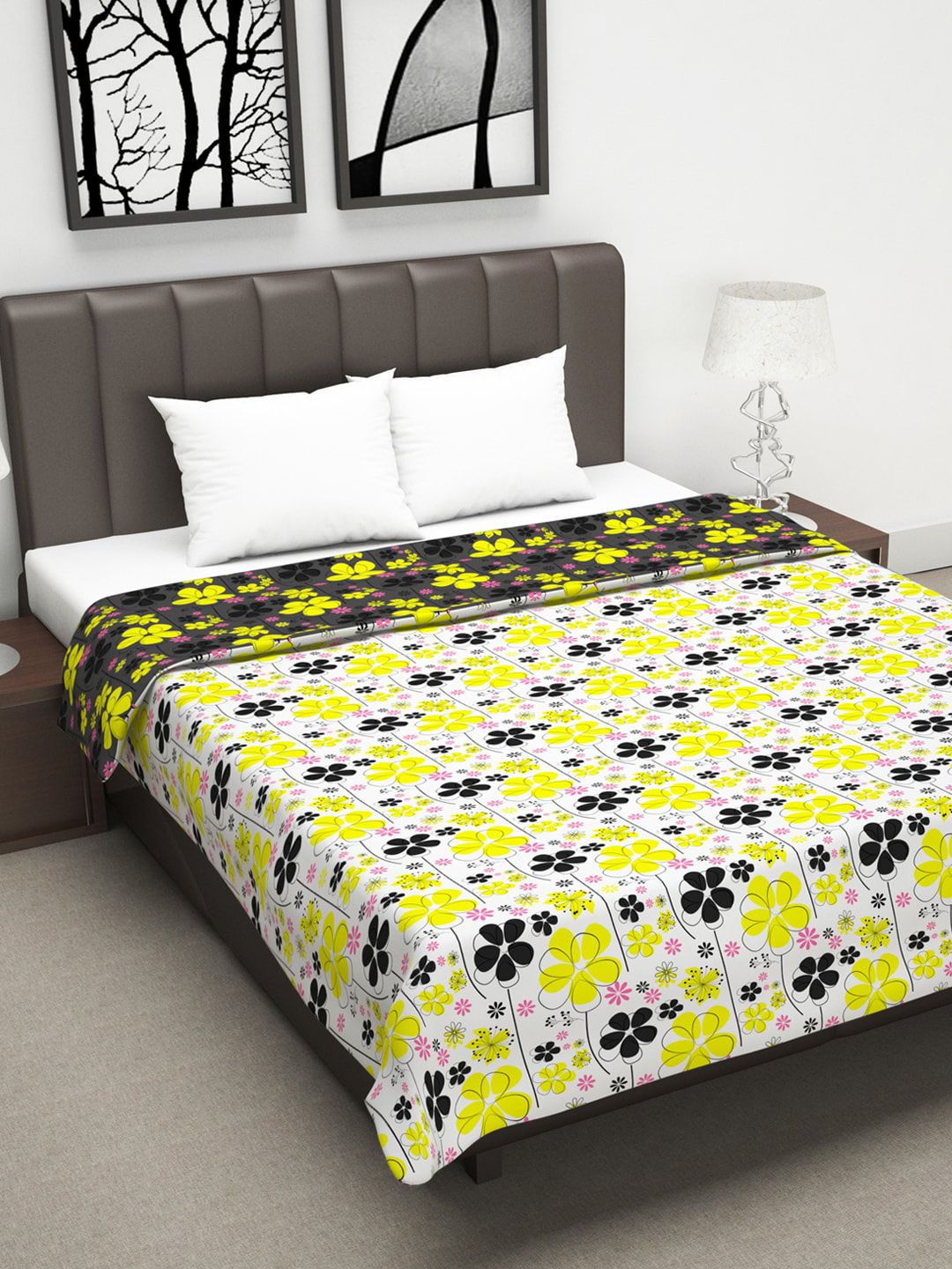 Divine Casa Grey & Yellow Floral AC Room 110 GSM Double Bed Dohar Price in India