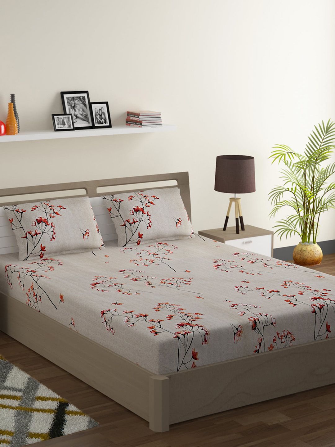 SWAYAM Beige & Red Floral 200 TC Cotton 1 King Bedsheet with 2 Pillow Covers Price in India