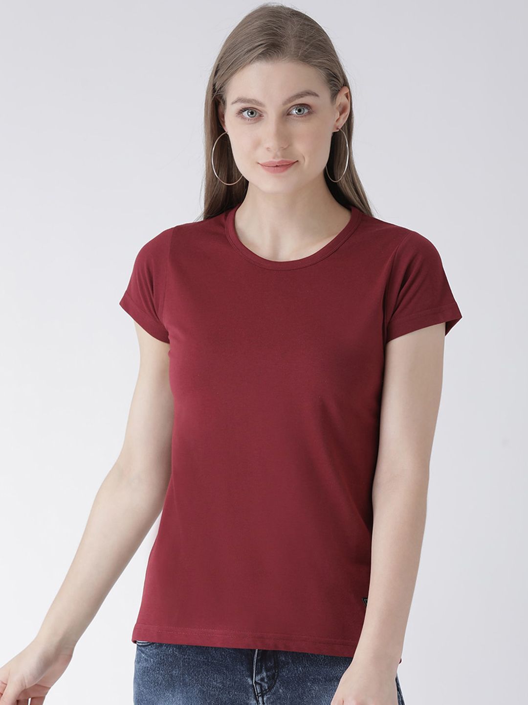 GRIFFEL Women Maroon Solid Round Neck T-shirt