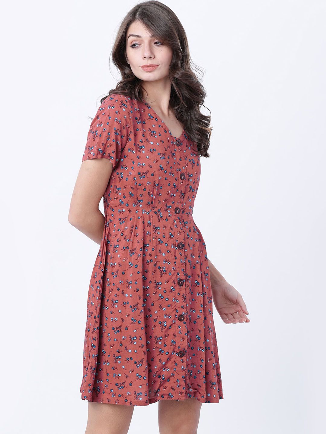 Tokyo Talkies Women Peach-Coloured Printed Fit and Flare Dress