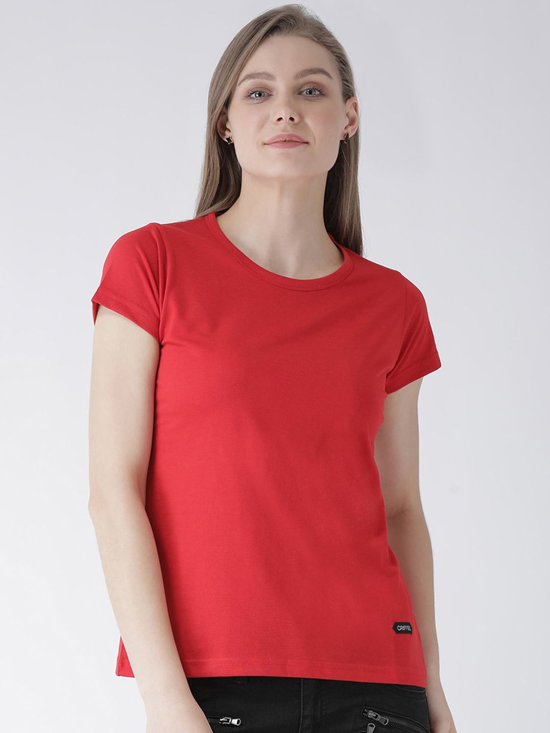 GRIFFEL Women Red Solid Round Neck T-shirt