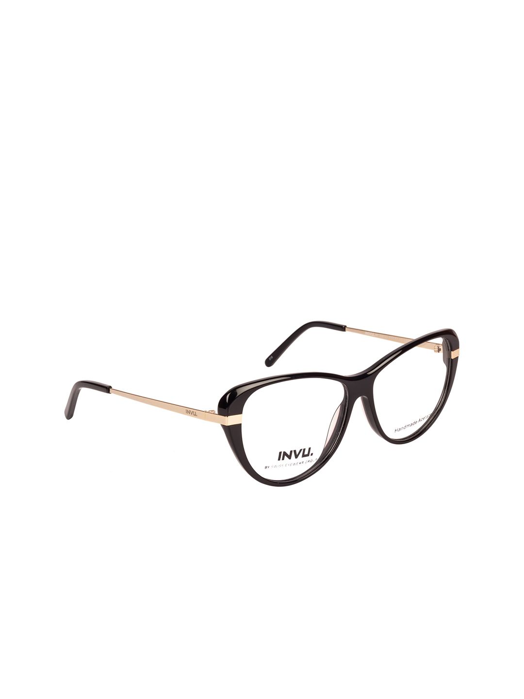 INVU Women Black & Gold-Toned Solid Full Rim Cateye Frames Price in India