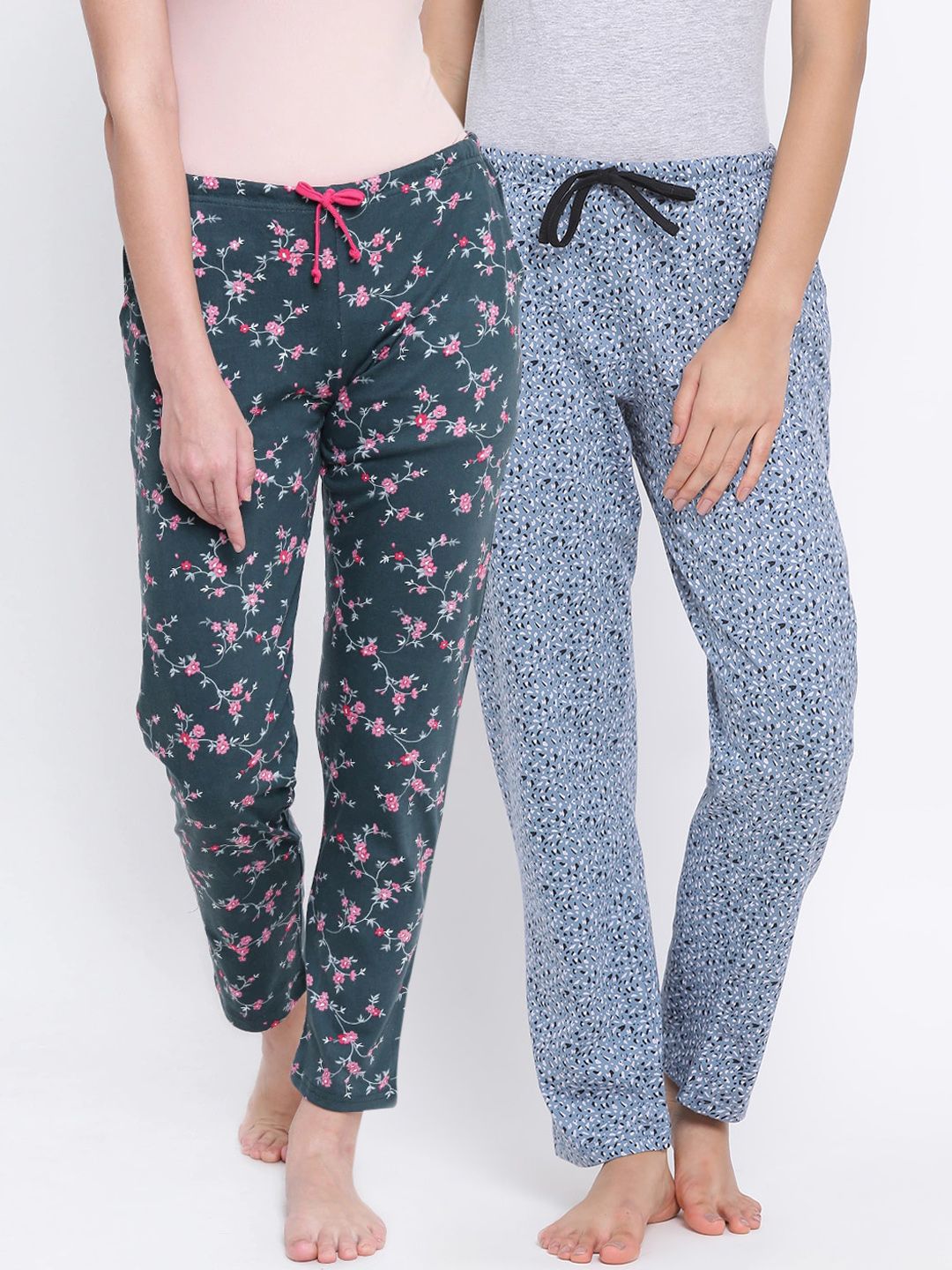 Kanvin Women Pack of 2 Green & Blue Printed Lounge Pants Price in India