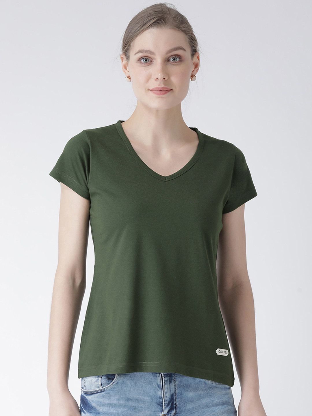 GRIFFEL Women Green Solid V-Neck T-shirt