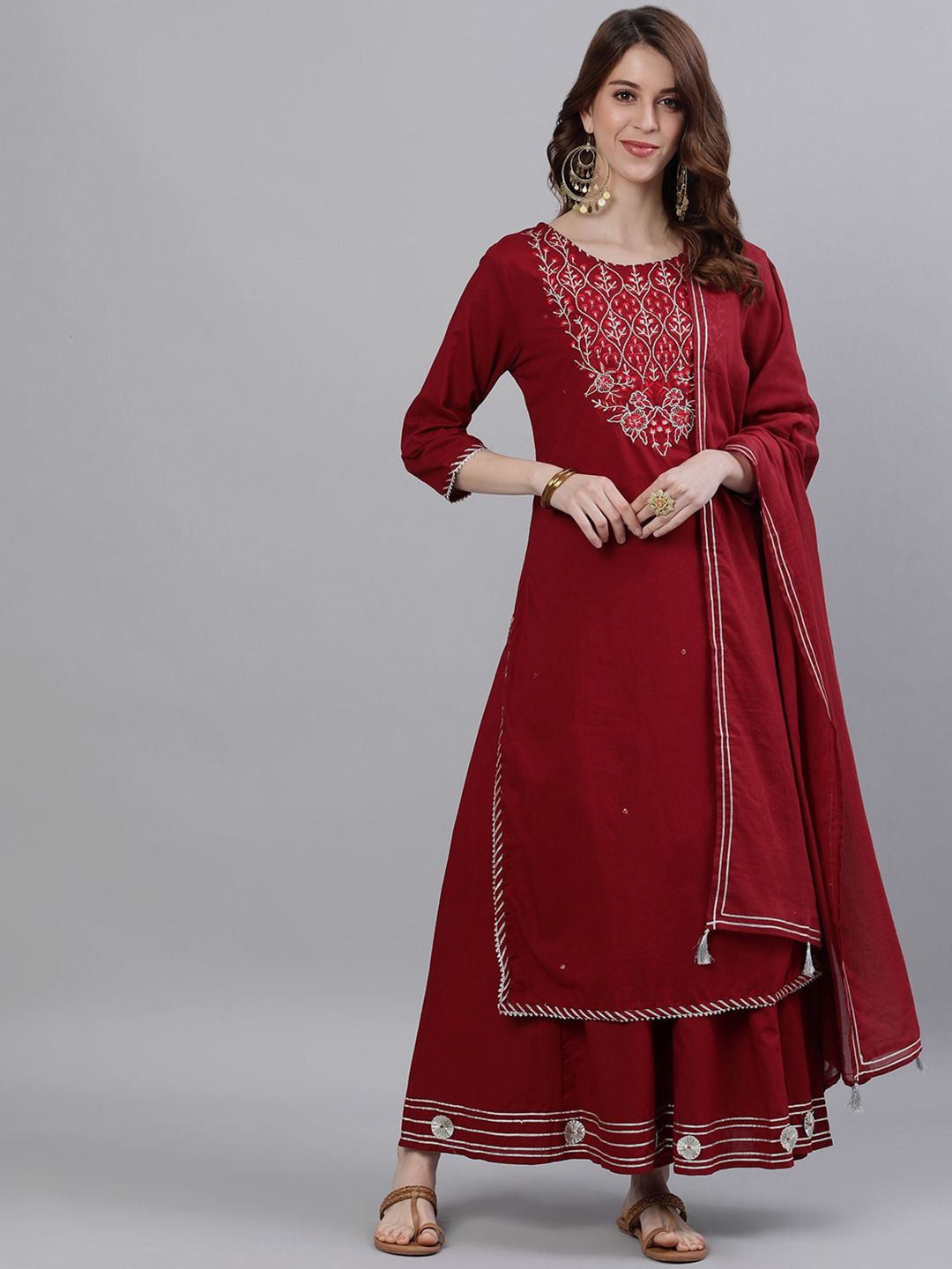 Ishin Women Maroon Yoke Design Kurta with Palazzos & Dupatta Price in India