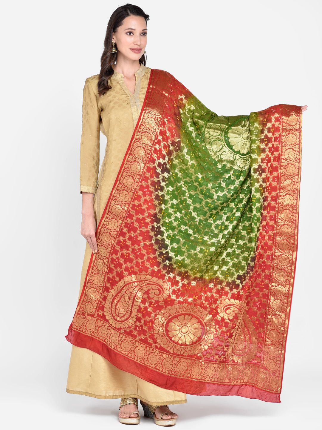 Dupatta Bazaar Red & Green Banarasi Bhandej Gharchola Silk Dupatta Price in India