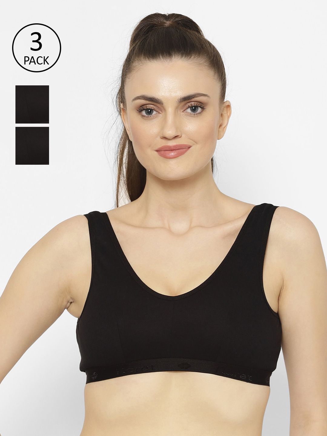 Floret Pack of 3 Black Solid Non-Wired Non Padded Workout Bra Price in India