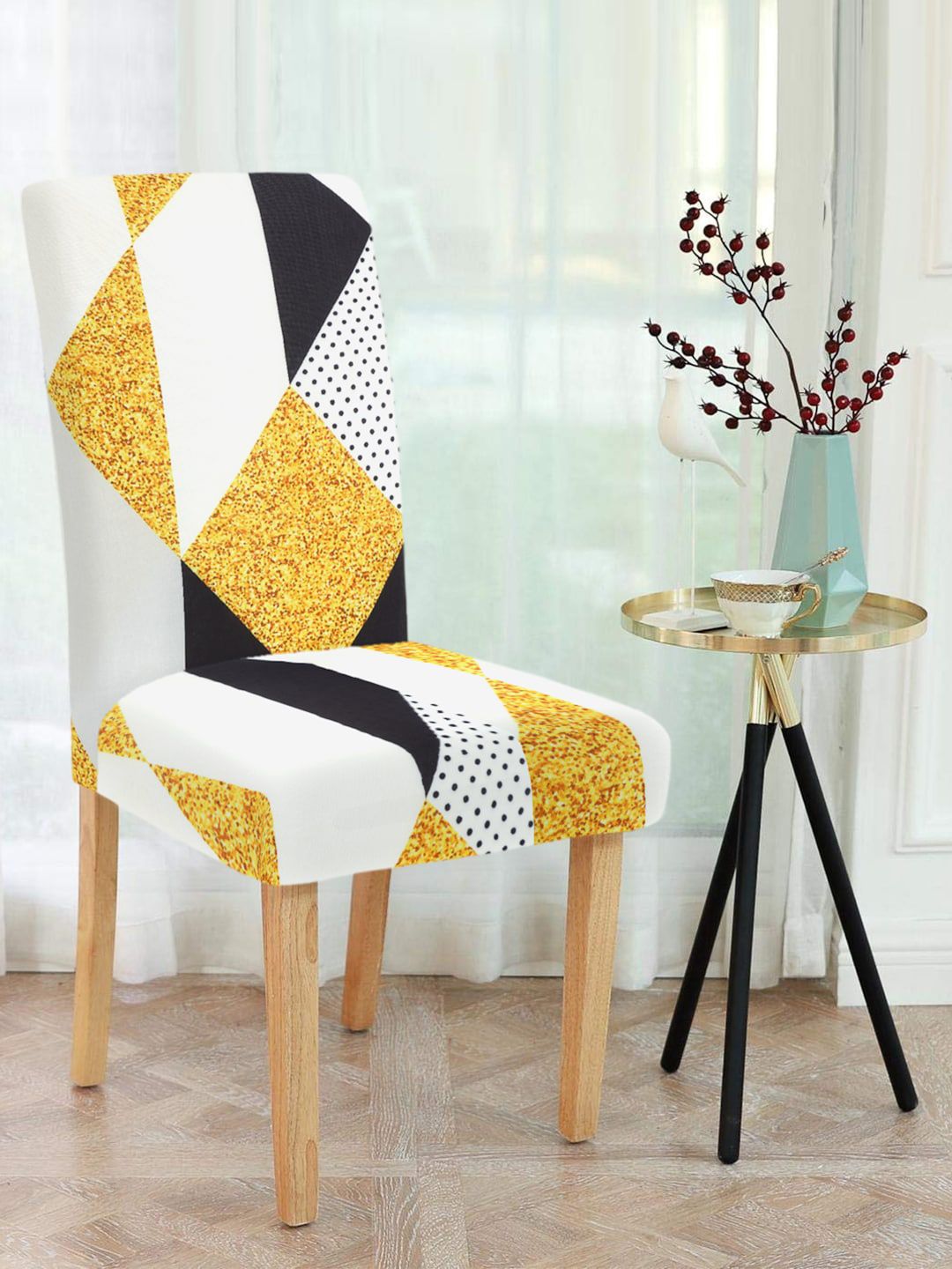 Cortina White & Yellow Printed Chair Cover Price in India
