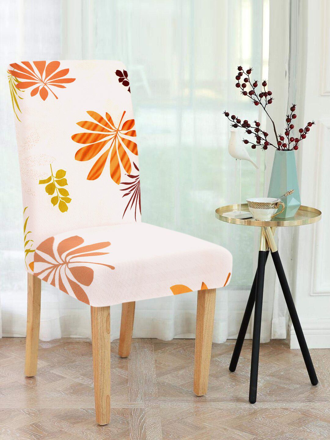 Cortina Set Of 4 White & Orange Floral Chair Covers Price in India