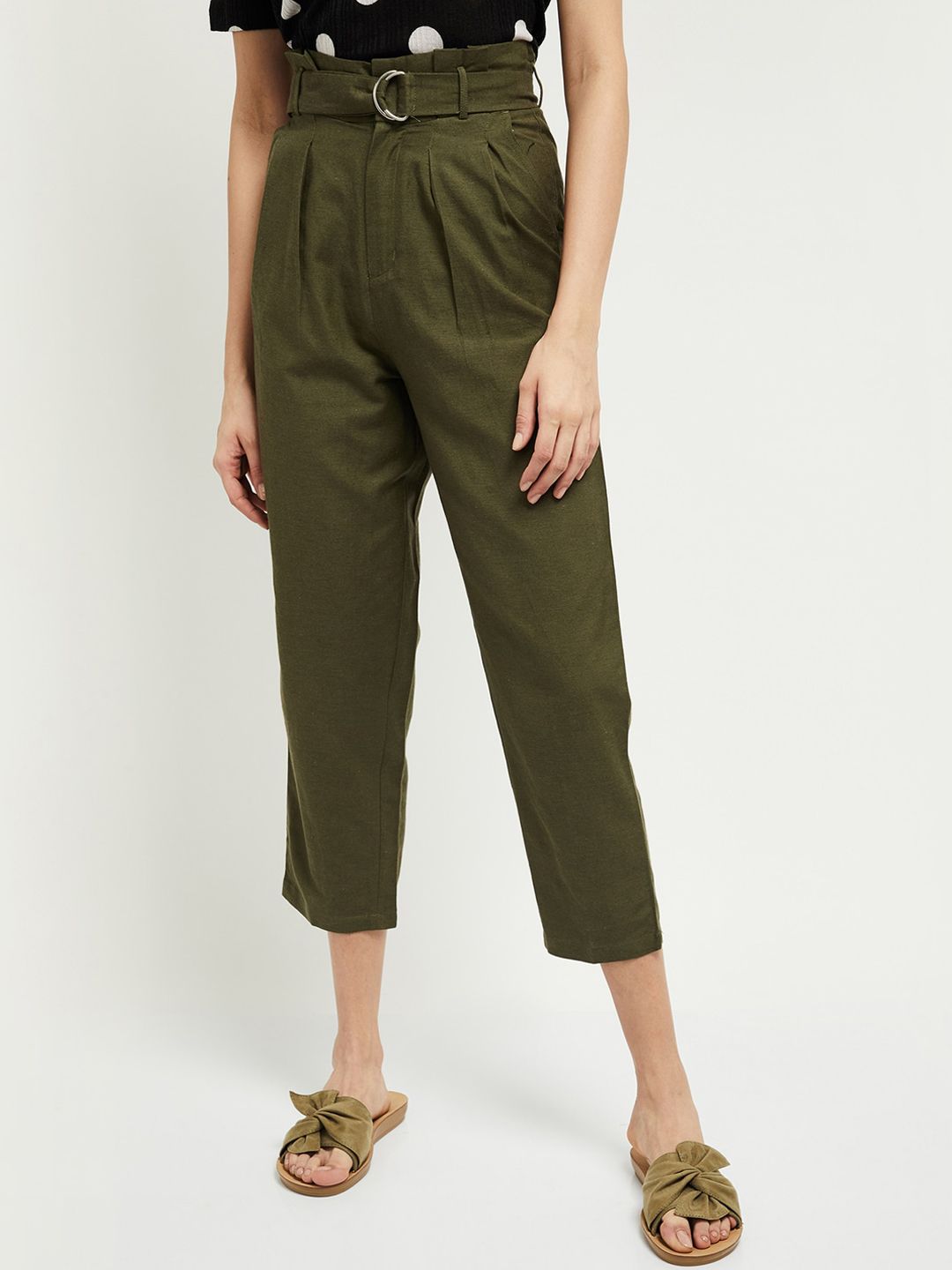 max Women Olive Green Regular Fit Solid Peg Trousers