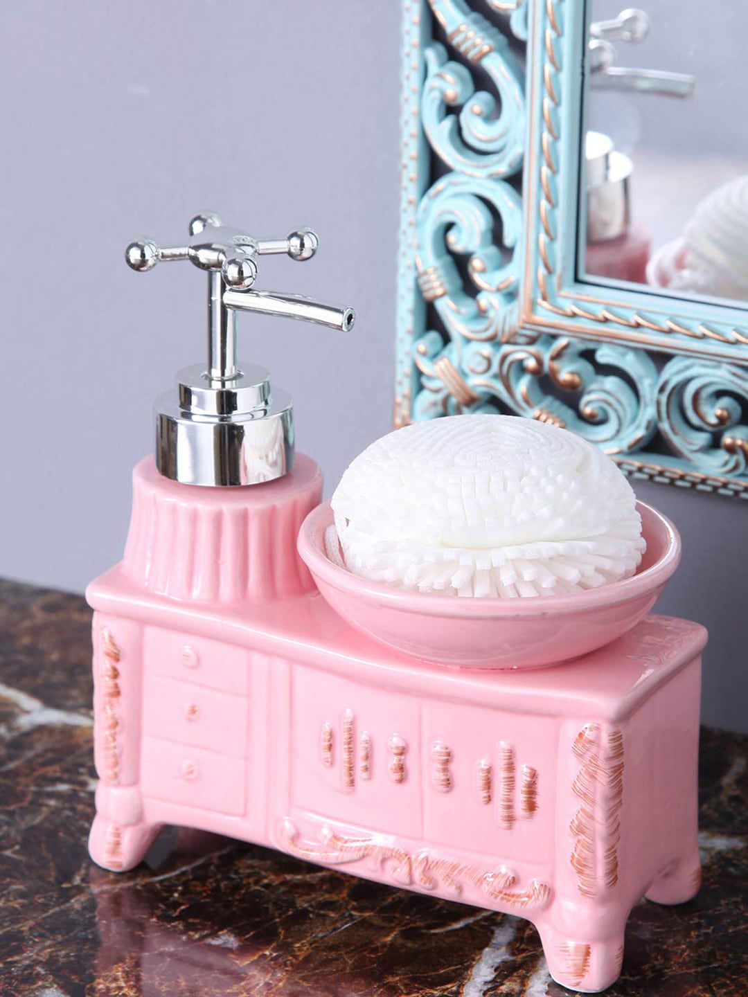 A Vintage Affair- Home Decor Unisex Pink Solid Liquid Soap Dispenser with Sponge Price in India