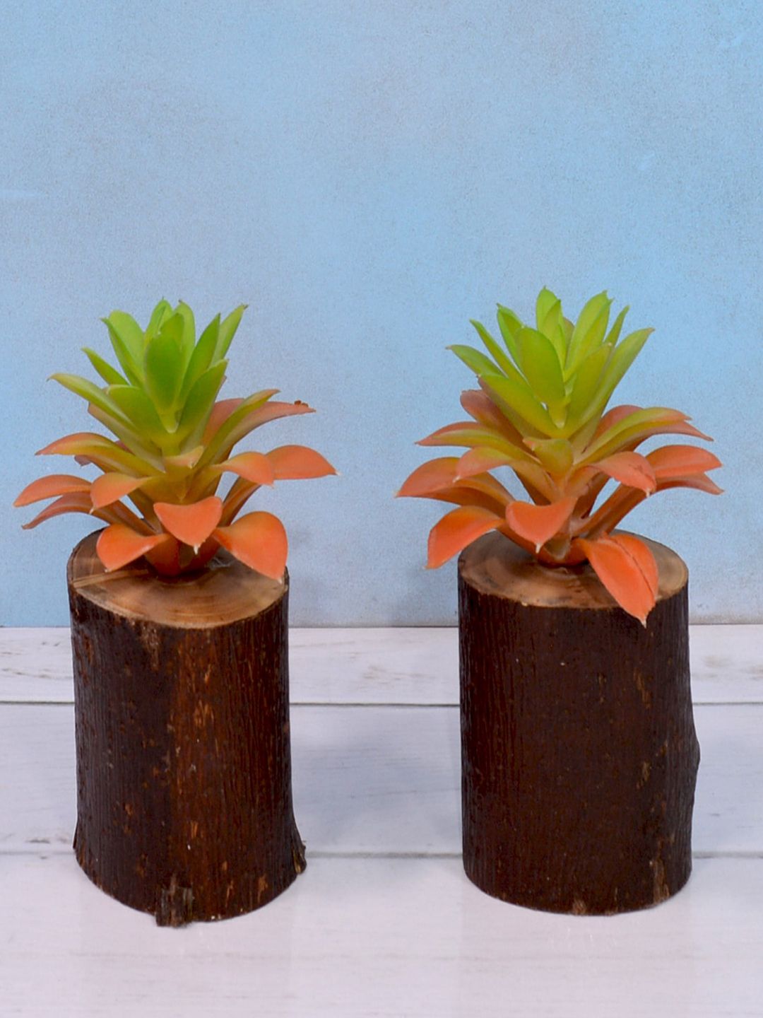 fancy mart Set of 2 Orange & Green Artificial Succulents with Wood Log Price in India