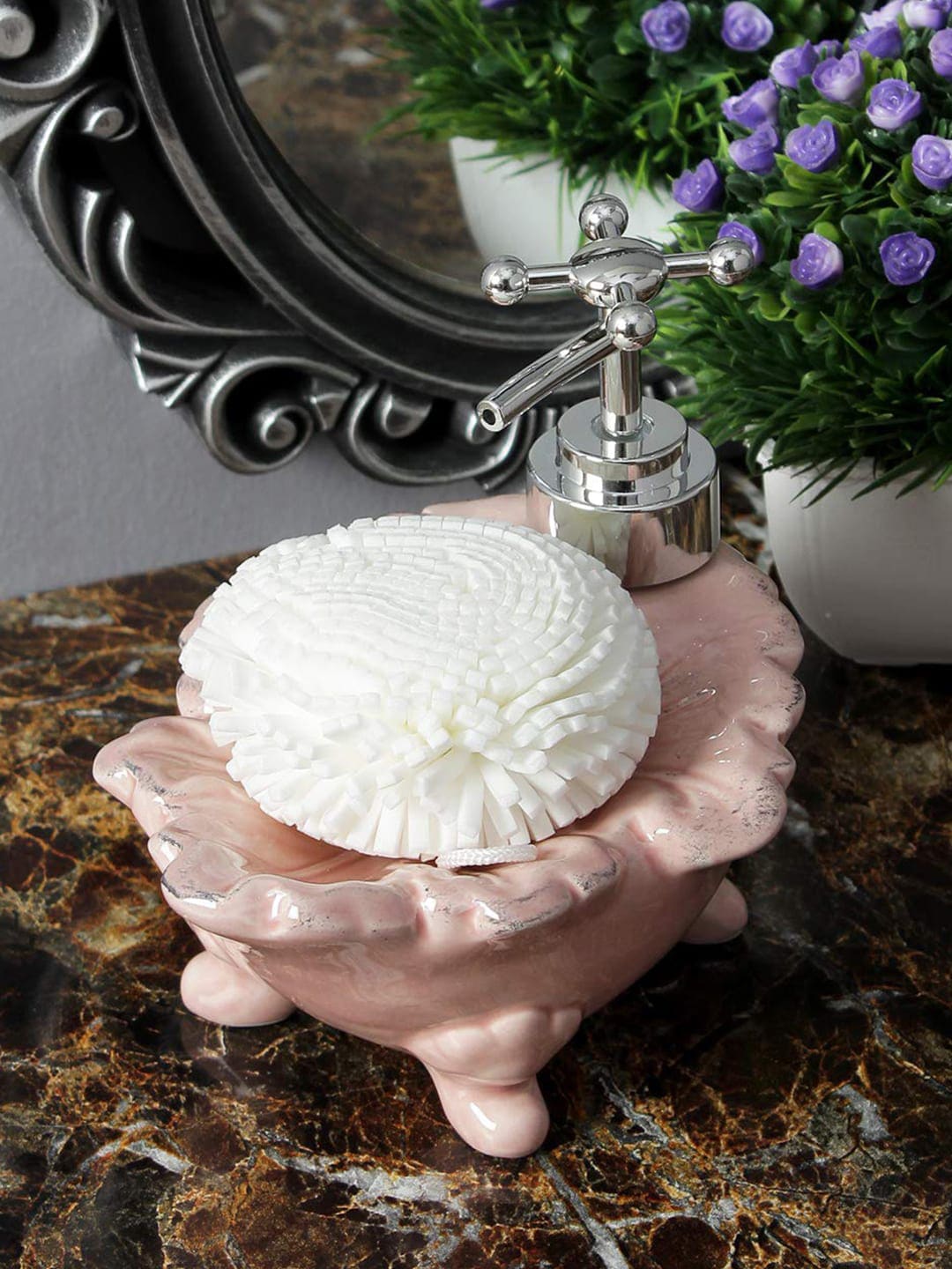 A Vintage Affair- Home Decor Pink Solid Ceramic Liquid Soap Dispenser With Sponge Price in India