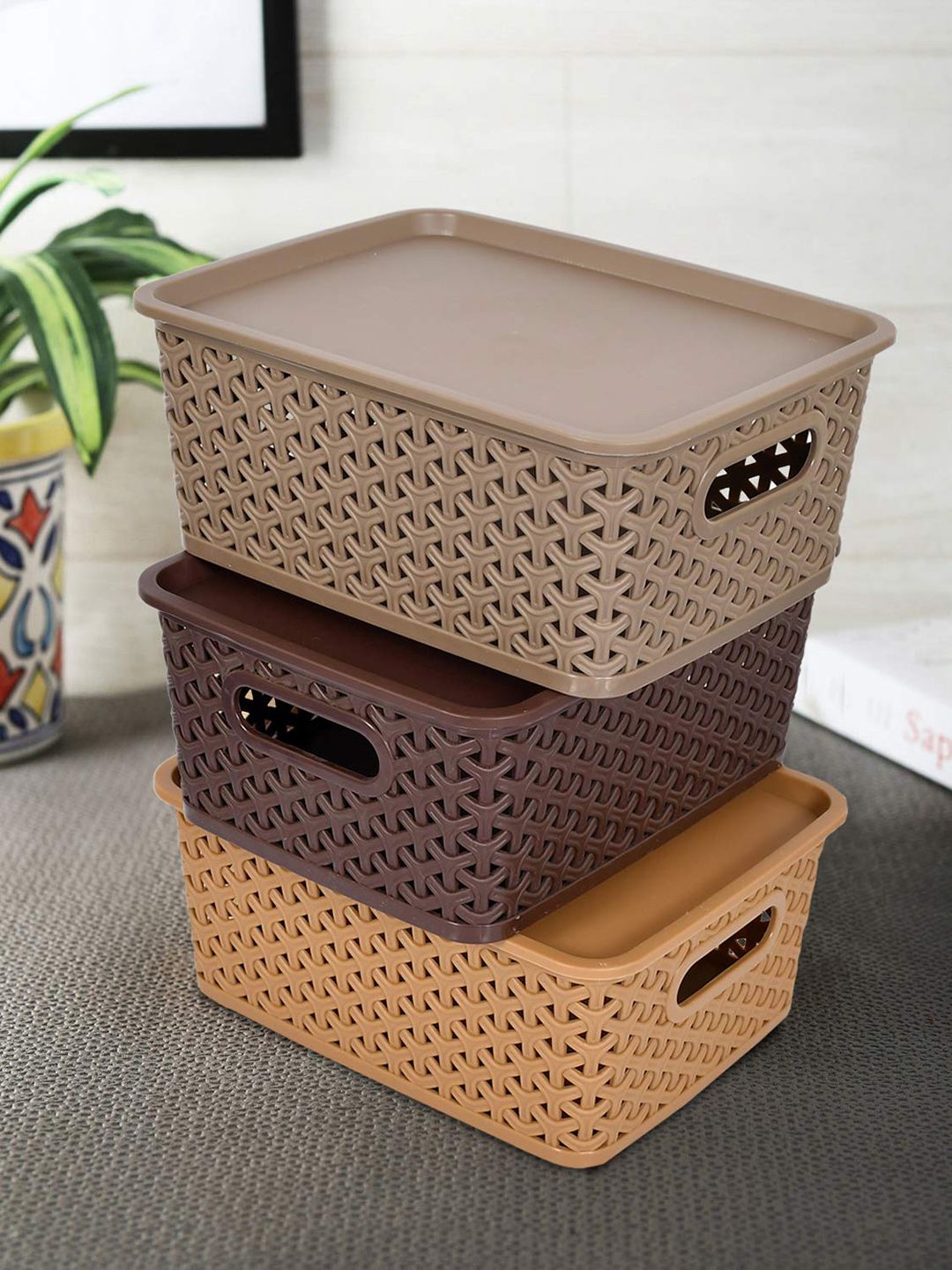 Kuber Industries Set Of 3 Textured Multipurpose Solitaire Storage Basket With Lid Price in India