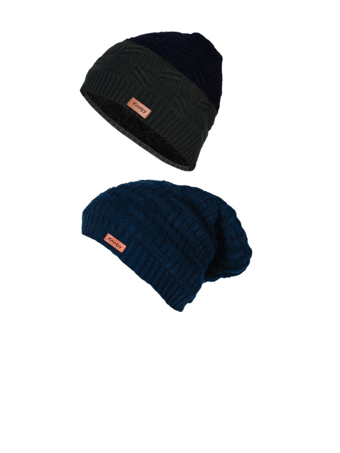 Knotyy Unisex Pack Of 2 Navy Blue & Grey Self Design Beanie Price in India