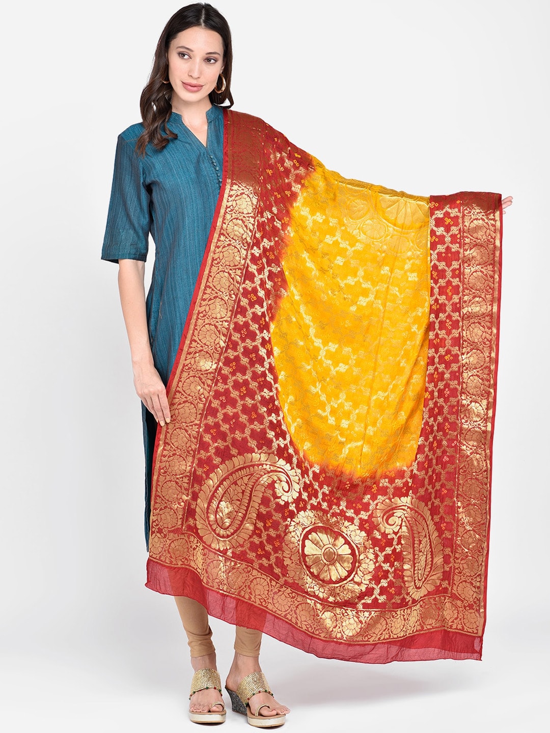 Dupatta Bazaar Red & Yellow Banarasi Bhandej Gharchola Silk Dupatta Price in India