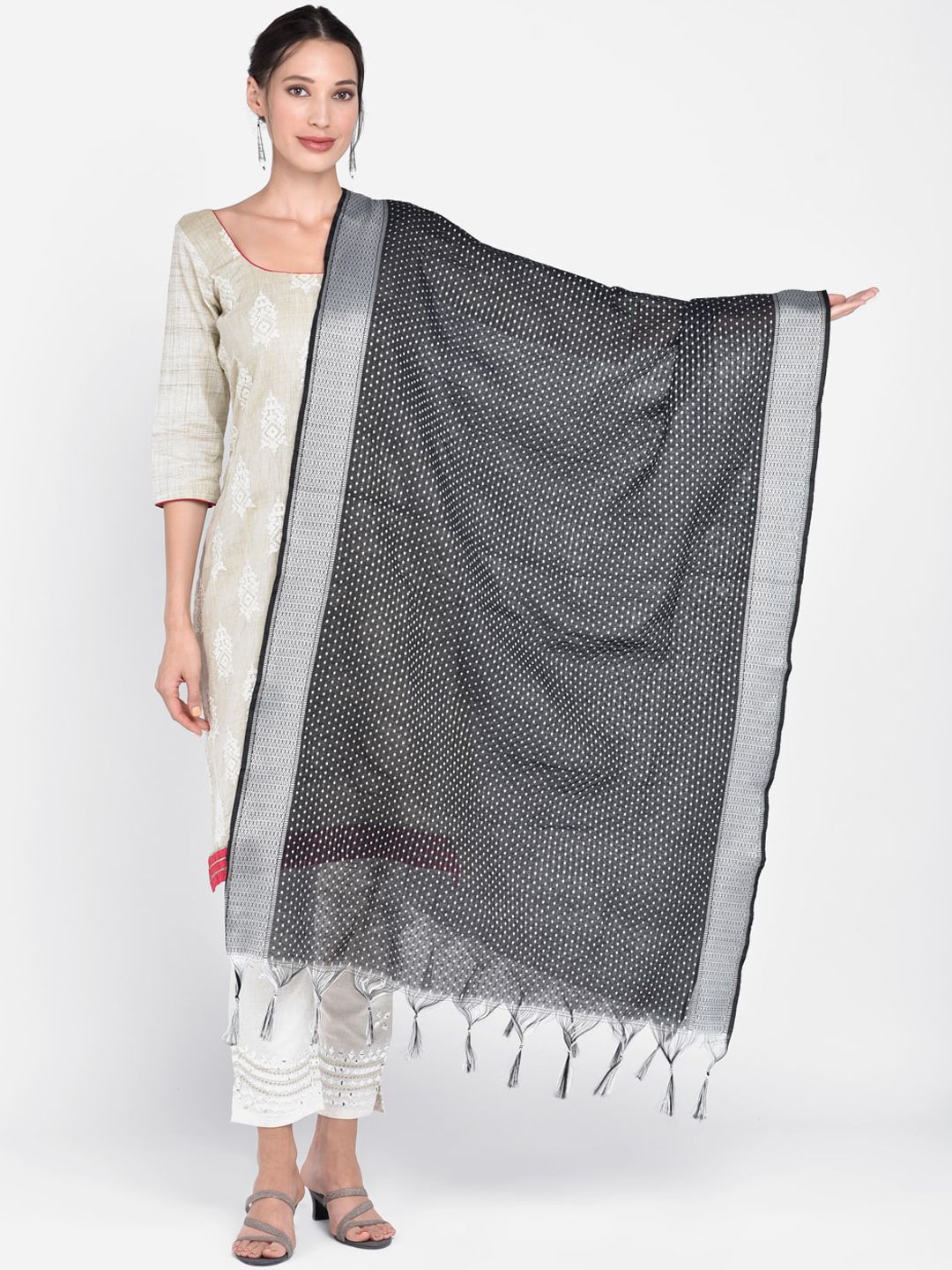 Dupatta Bazaar Black & White Woven Design Dupatta Price in India