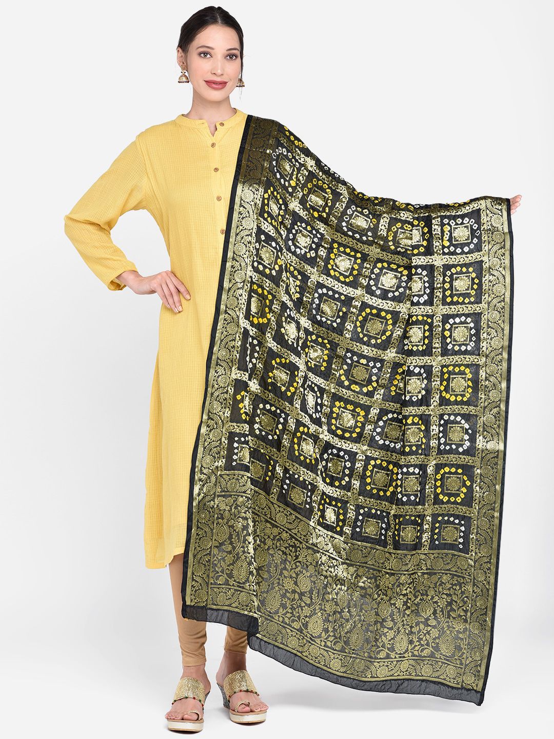 Dupatta Bazaar Black & Gold-Toned Banarasi Bhandej Gharchola Silk Dupatta Price in India