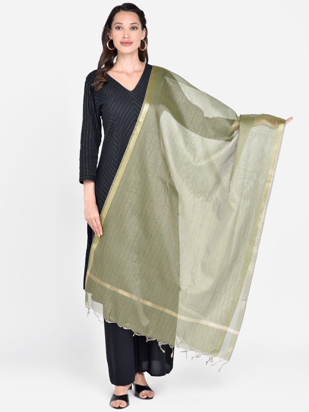 Dupatta Bazaar Green & Gold-Toned Woven Design Dupatta Price in India