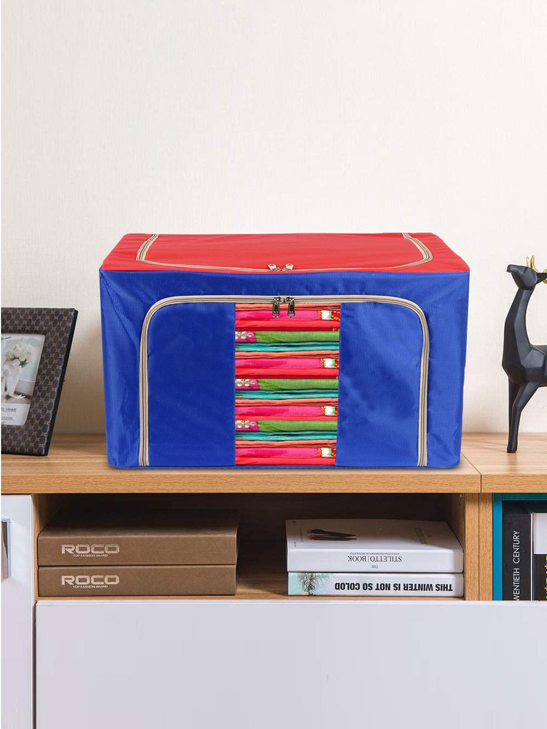 Kuber Industries Blue & Red Colourblocked Foldable Stackable Organizer with Large Window & Carry Handles Price in India