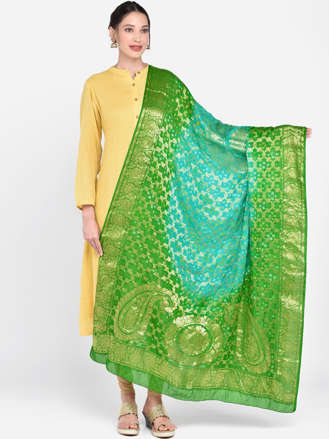 Dupatta Bazaar Green & Turquoise Blue Woven Design Banarasi Bandhej Gharchola Silk Dupatta Price in India