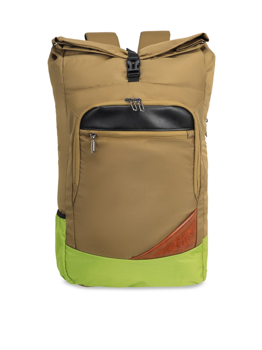 Fly Fashion Unisex Khaki & Lime Green Colourblocked Backpack Price in India
