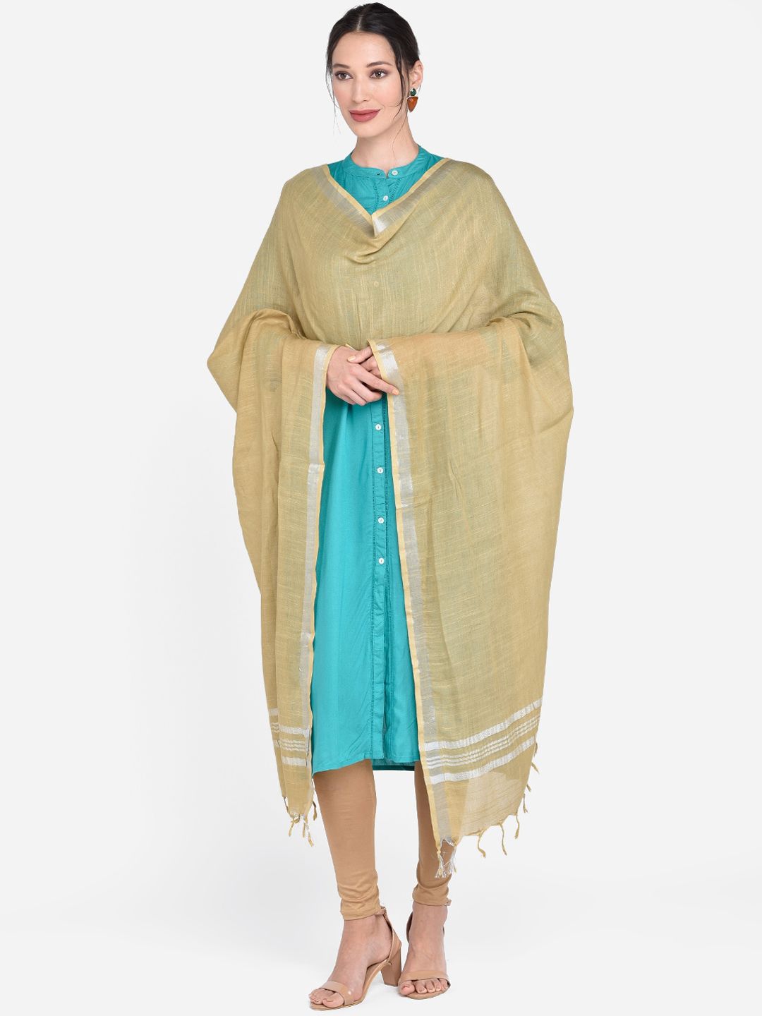 Dupatta Bazaar Beige & Silver-Toned Solid Linen Dupatta Price in India