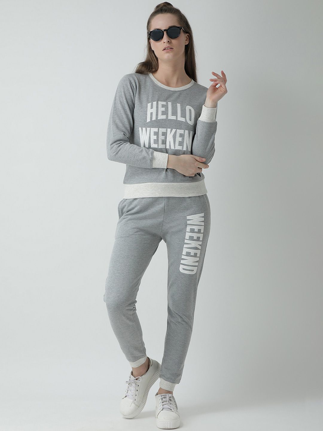GRIFFEL Women Grey & White Printed Tracksuit Price in India