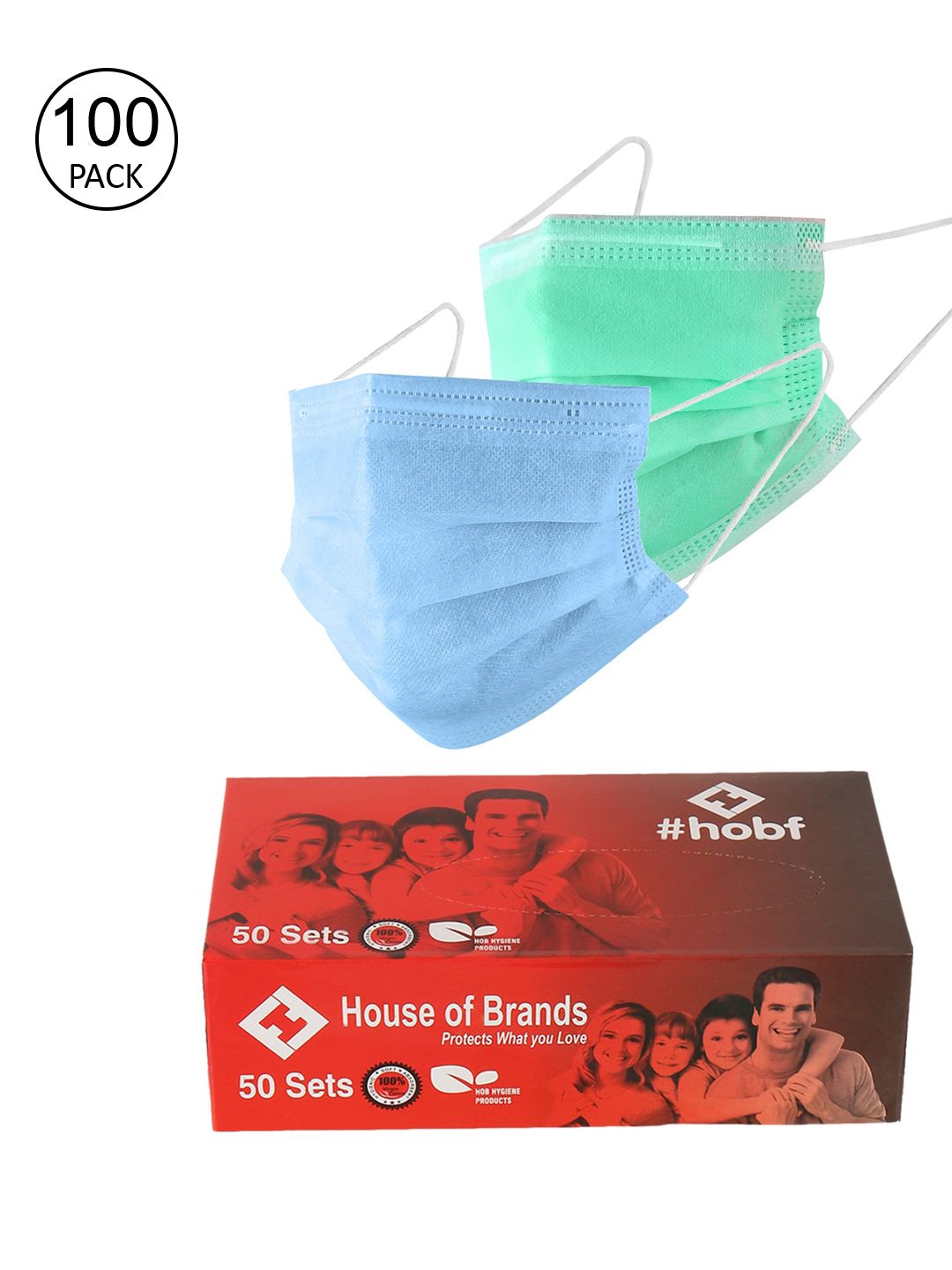 LONDON FASHION hob Unisex Pack Of 100 Green & Blue 3-Ply Adjustable Surgical Mask With Nose Pin Price in India