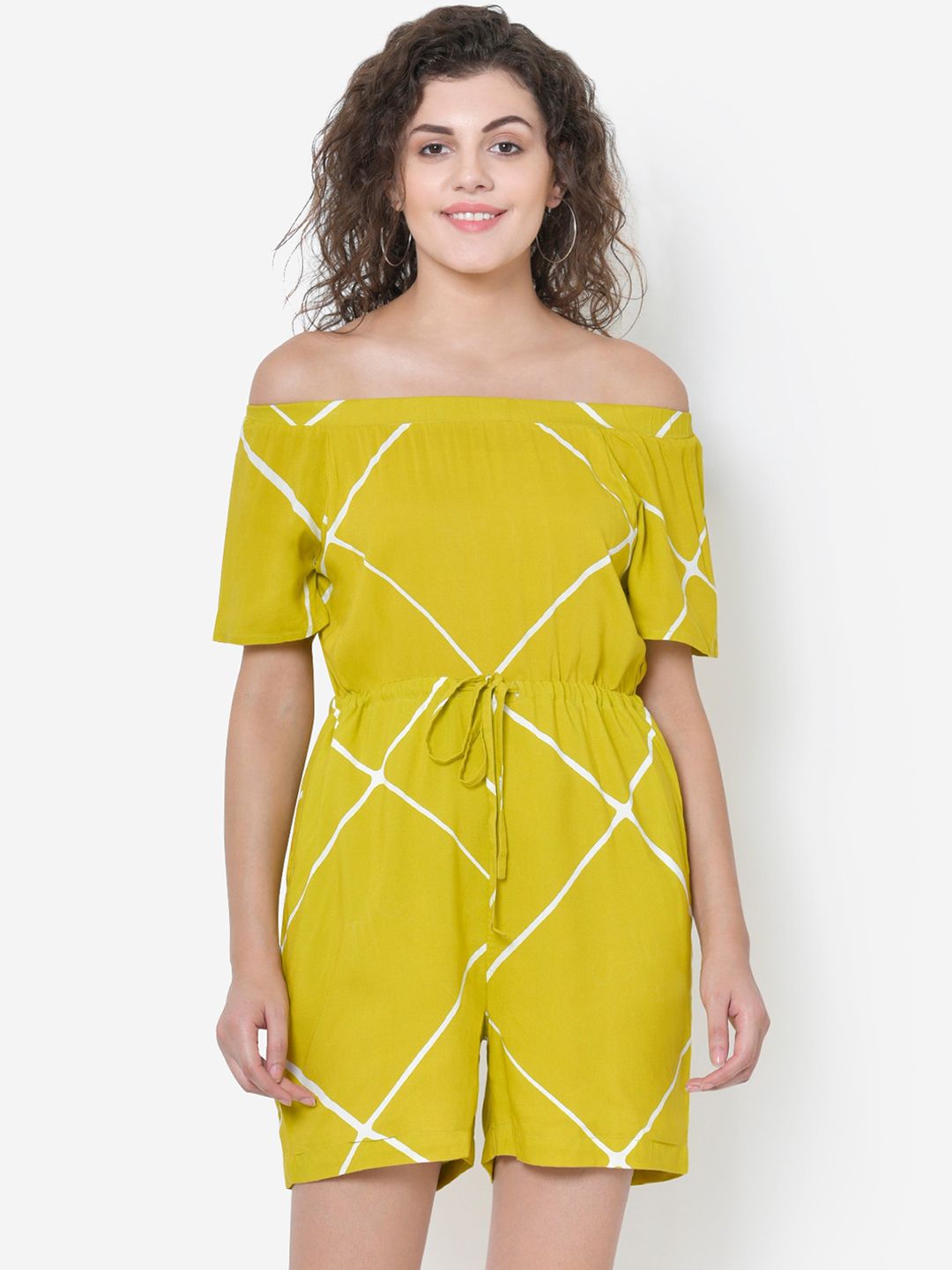 Martini Women Yellow & White Checked Playsuit Price in India