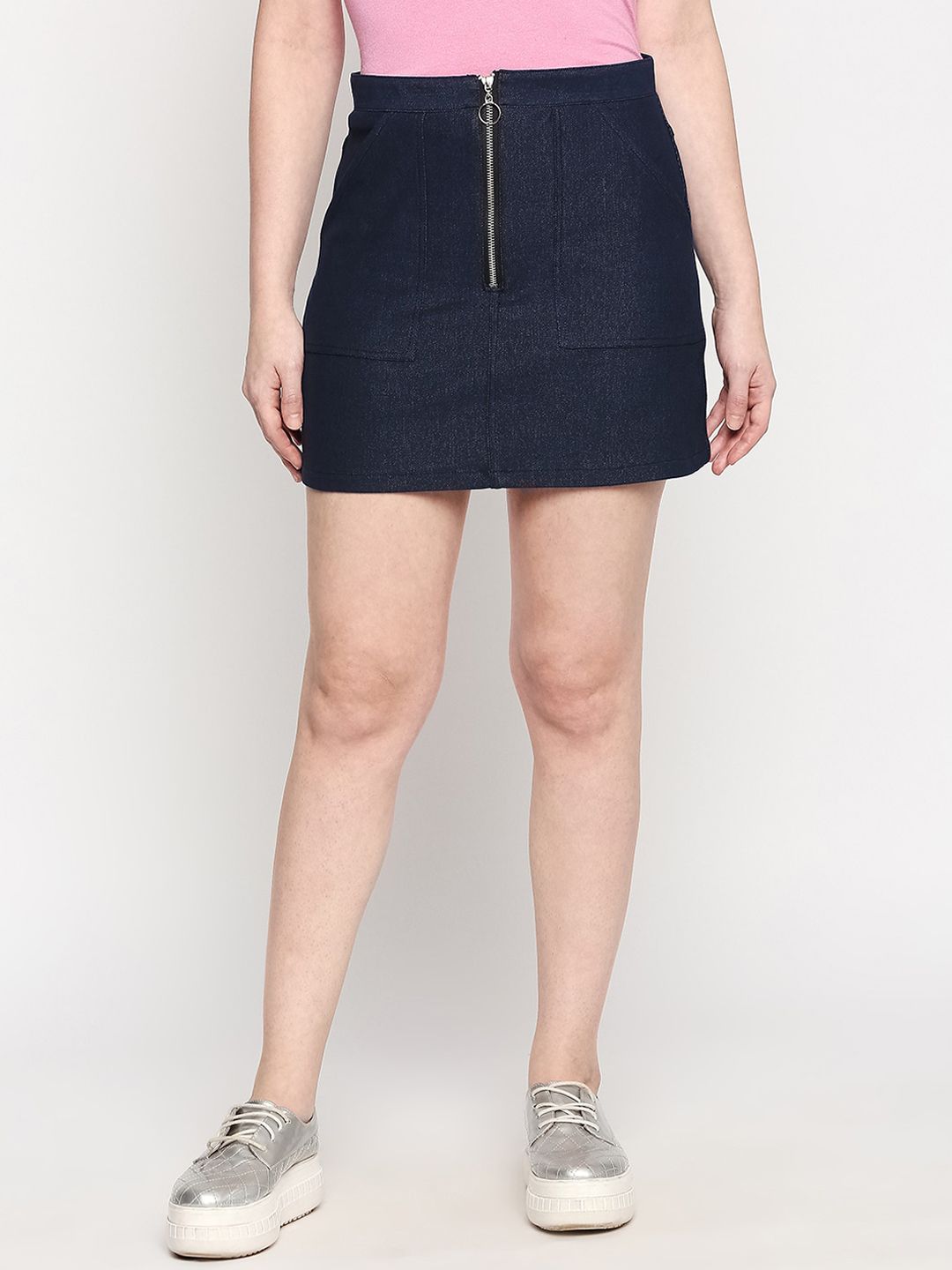 inocenCia Women Blue Solid Denim A-Line Mini Skirt