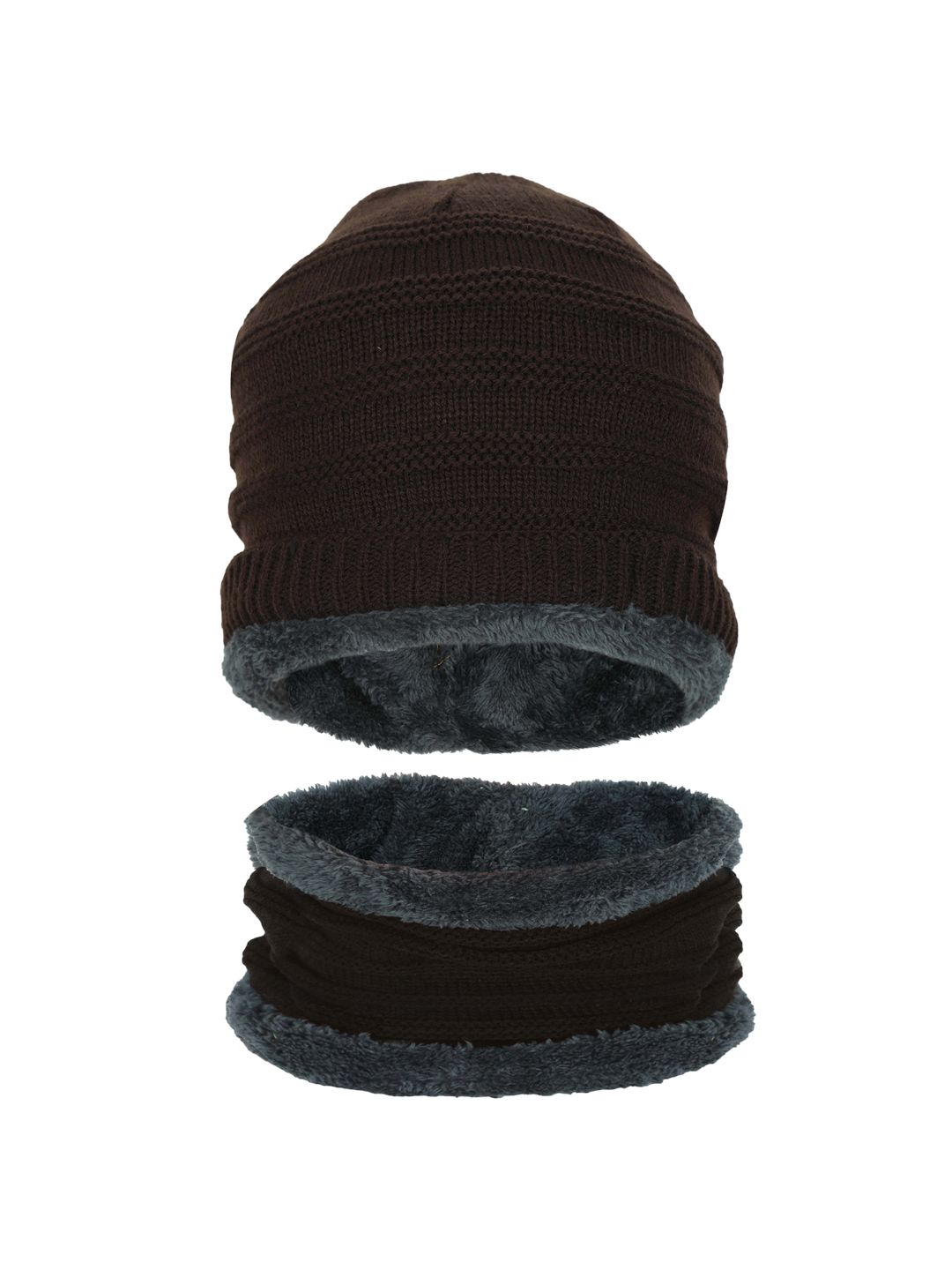 FabSeasons Unisex Brown & Grey Self Design Beanie with Muffler Combo Price in India