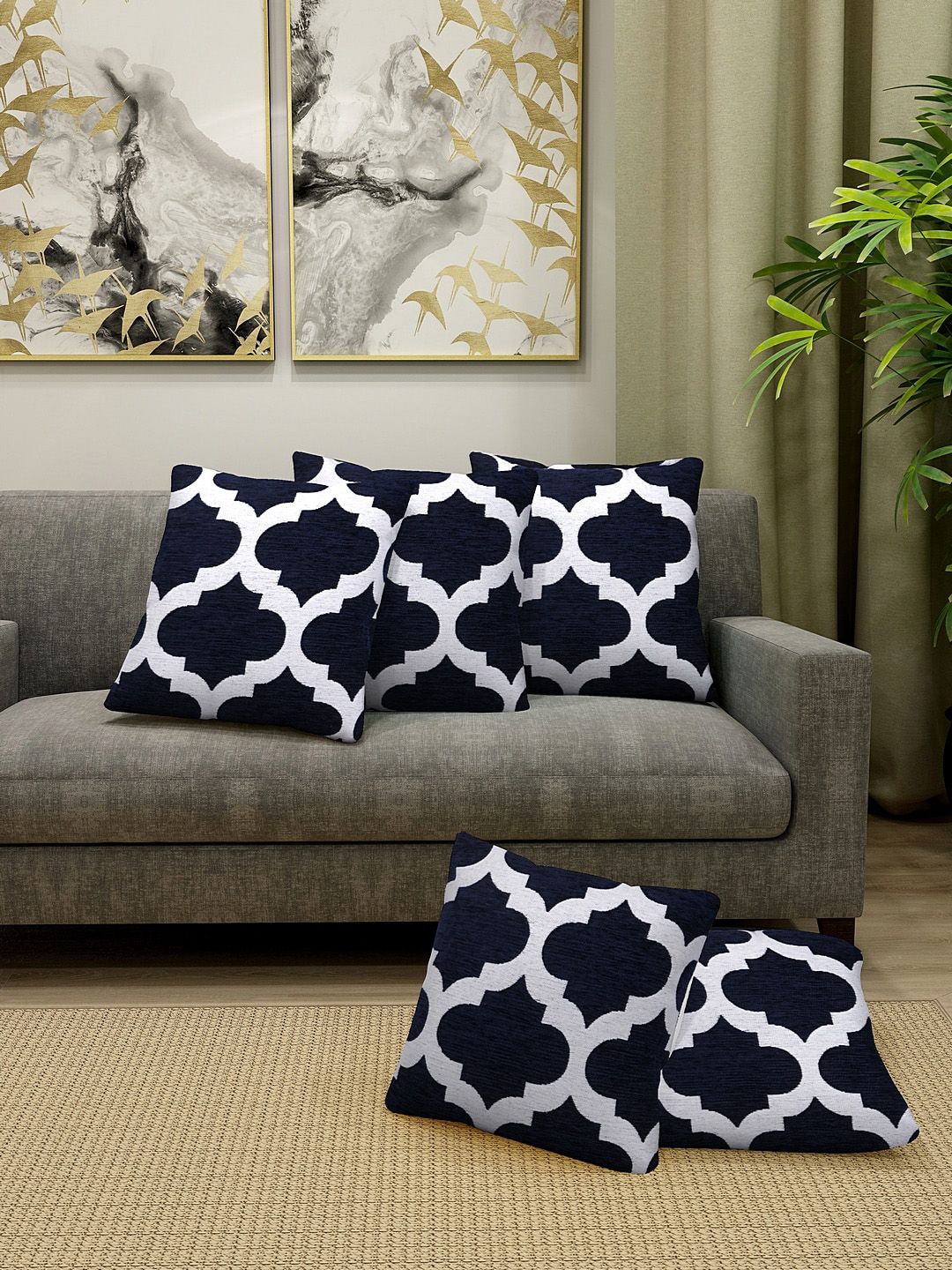 KLOTTHE Set Of 5 Navy Blue & White Self Design Square Cushion Covers Price in India