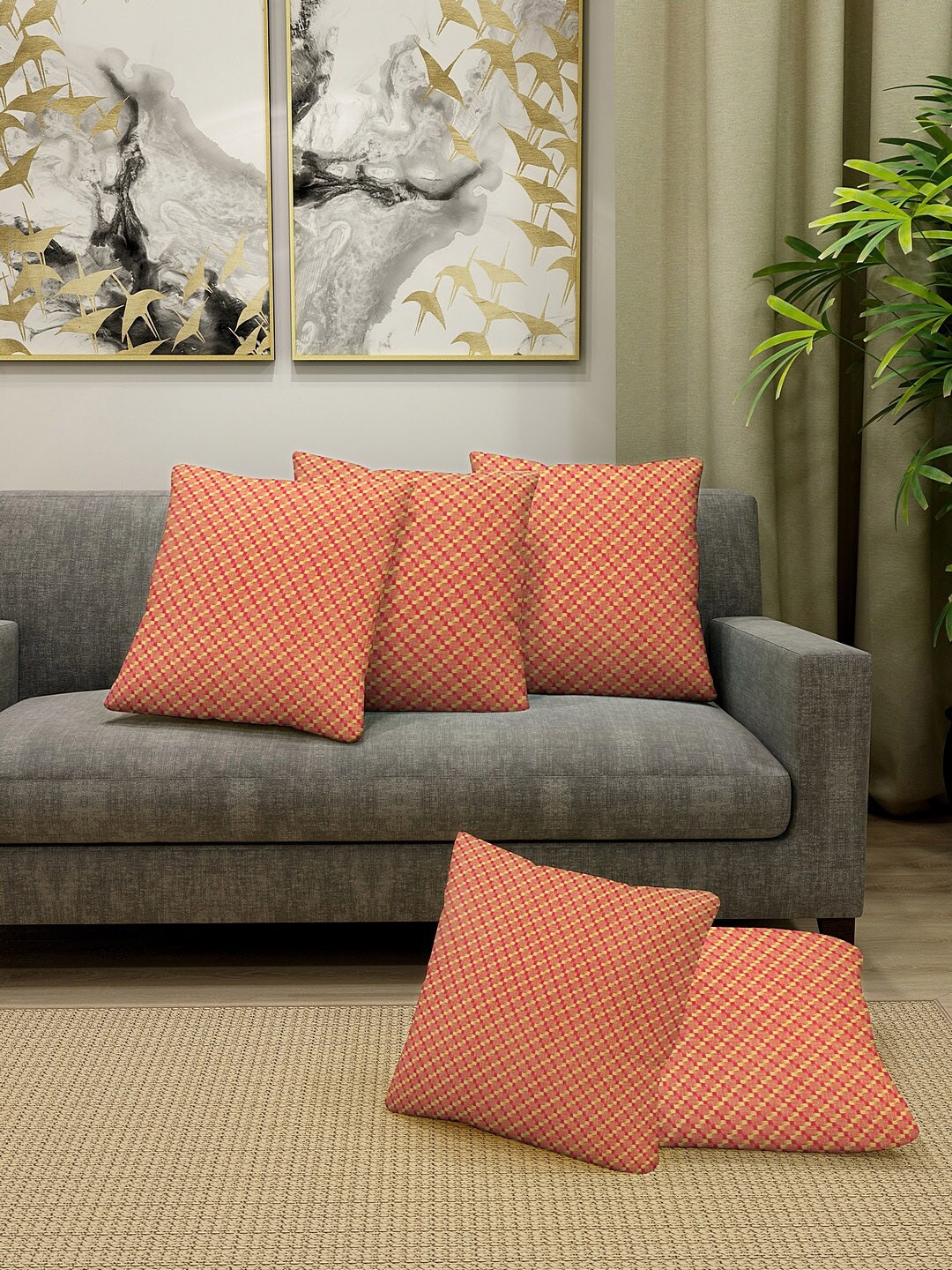 KLOTTHE Set Of 5 Orange Self-Design Square Cushion Covers Price in India