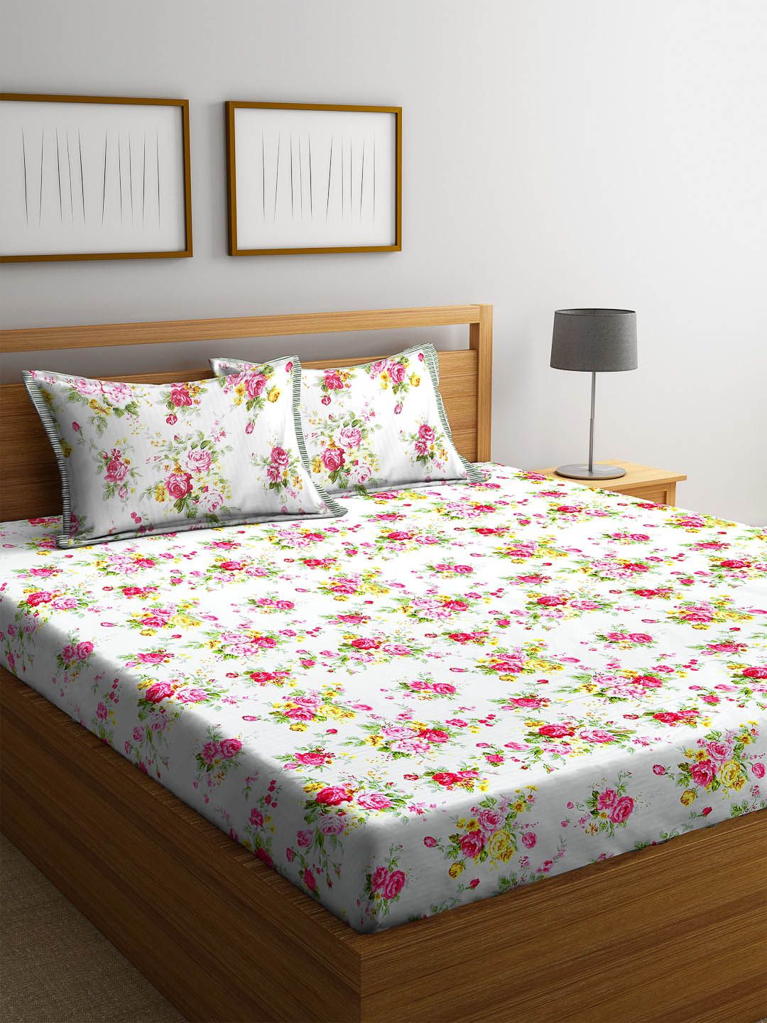 HOSTA HOMES White & Pink Floral Printed 300TC Double King Bedsheet With 2 Pillow Covers Price in India