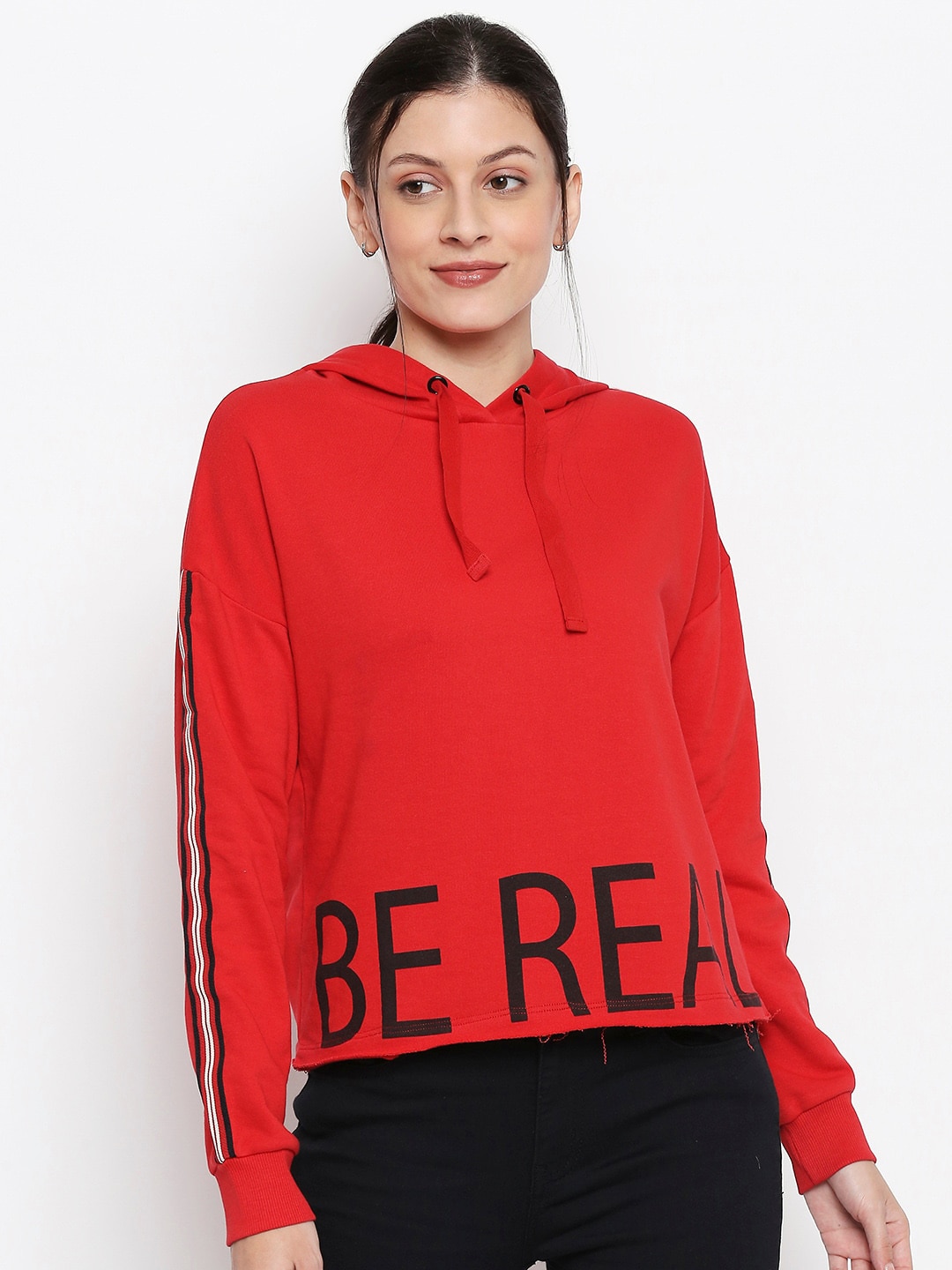 People Women Red Printed Hooded Sweatshirt with Side Stripes Price in India