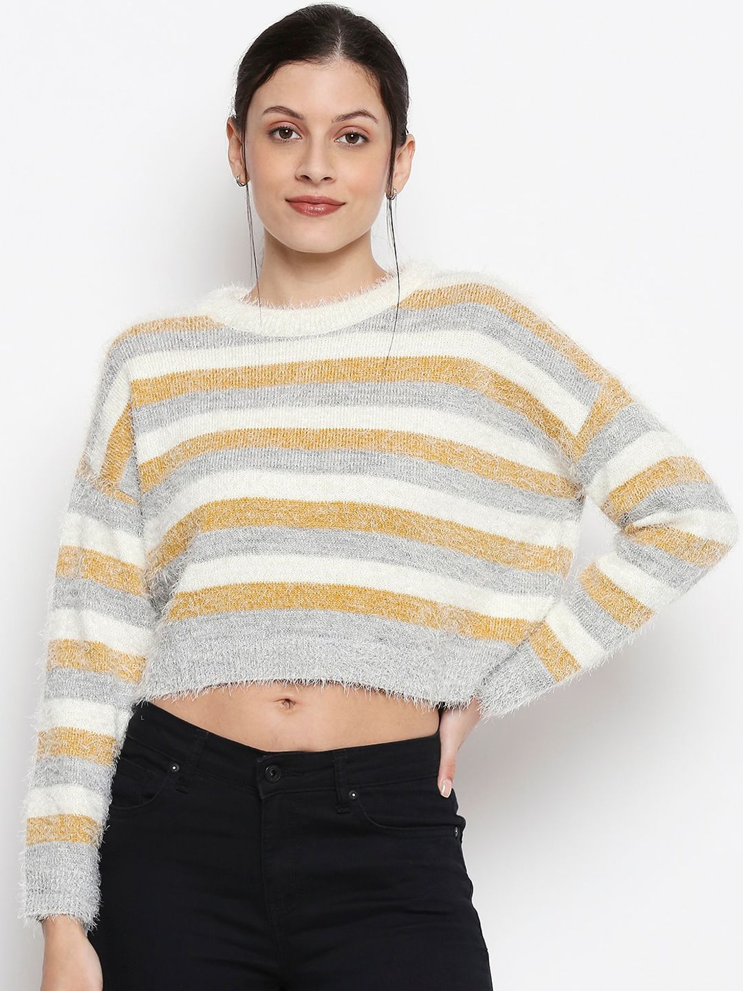 People Women Yellow & Grey Striped Cropped Pullover Sweater Price in India