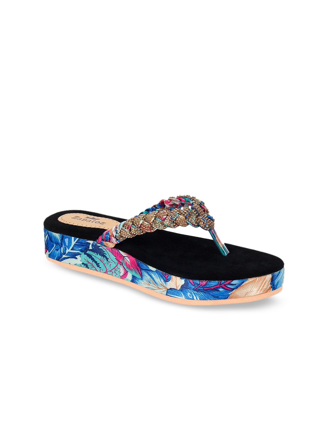 ZAPATOZ Women Blue & Gold-Toned Printed & Embellished Flatforms Price in India