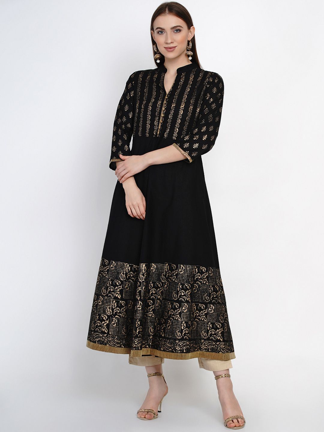 Akshatani Women Black Foil Printed Anarkali Kurta