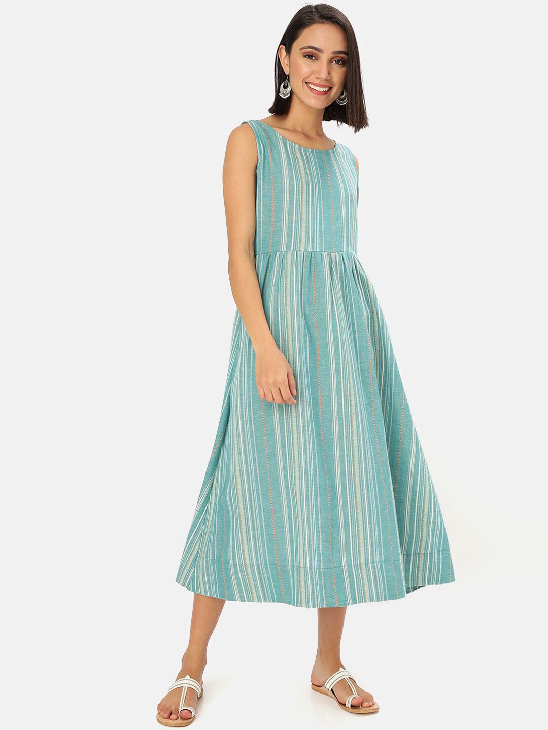 Saaki Women Teal Blue Striped A-Line Ethnic Dress