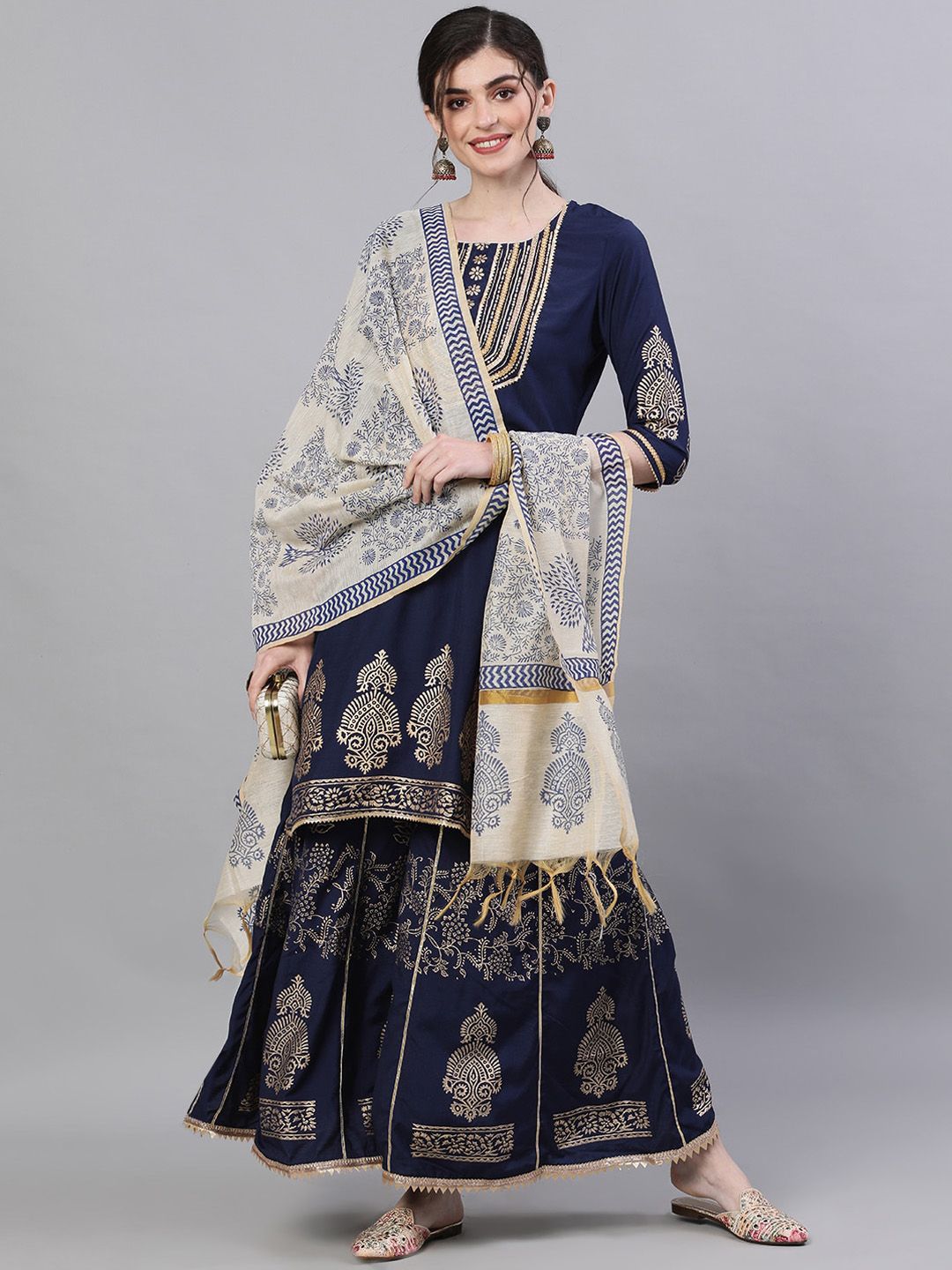 Ishin Women Navy Blue & Gold-Toned Yoke Design Kurta with Sharara & Dupatta Price in India